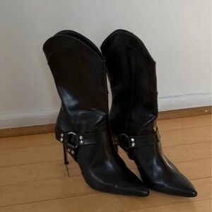 Anthropologie Sleek Black Leather Heeled Boots